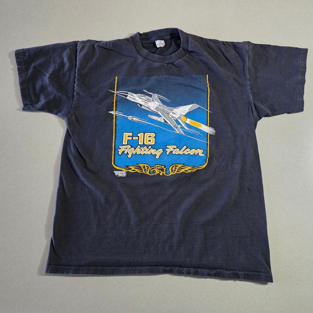 Vintage 1987 F-16 Fighting Falcon Jet T-Shirt Belta XL Black Single Stitch 80s